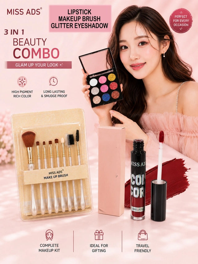 Skincare combo featuring makeup brush set, glitter eyeshadow, and liquid lipstick from 24533, displayed on a neutral background.