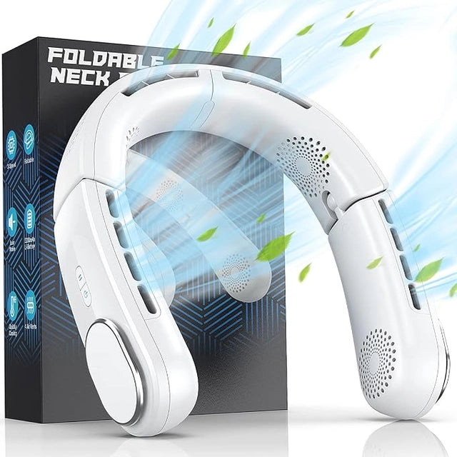 Portable neck fan air cooler by 26045 shown, with adjustable straps and cooling vents for hands-free personal comfort.