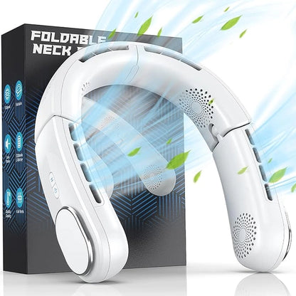Portable neck fan air cooler by 26045 shown, with adjustable straps and cooling vents for hands-free personal comfort.