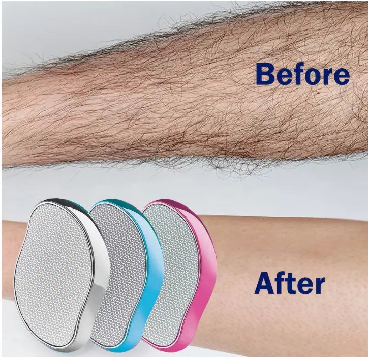 Reusable Crystal Hair Eraser for women and men, compact design, shows the crystal hair removal device in black and clear.
