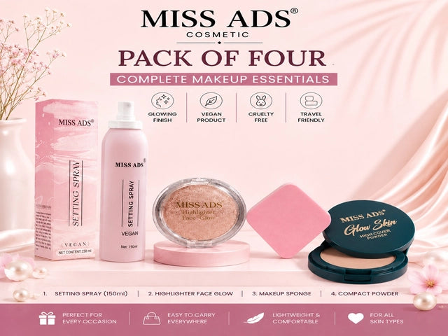 MISS ADS combo with makeup fixer, highlighter, dual compact, and blender for skincare and makeup application.