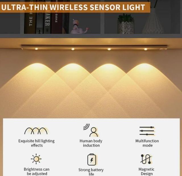 LED PIR motion sensor cabinet light by 26032 with USB rechargeable smart lighting, mounted inside a cabinet with a sensor and LED light