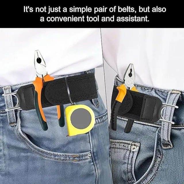 Unisex tactical metal buckleless belt hook attached to an elastic men's belt, showing its sturdy design and versatile use.