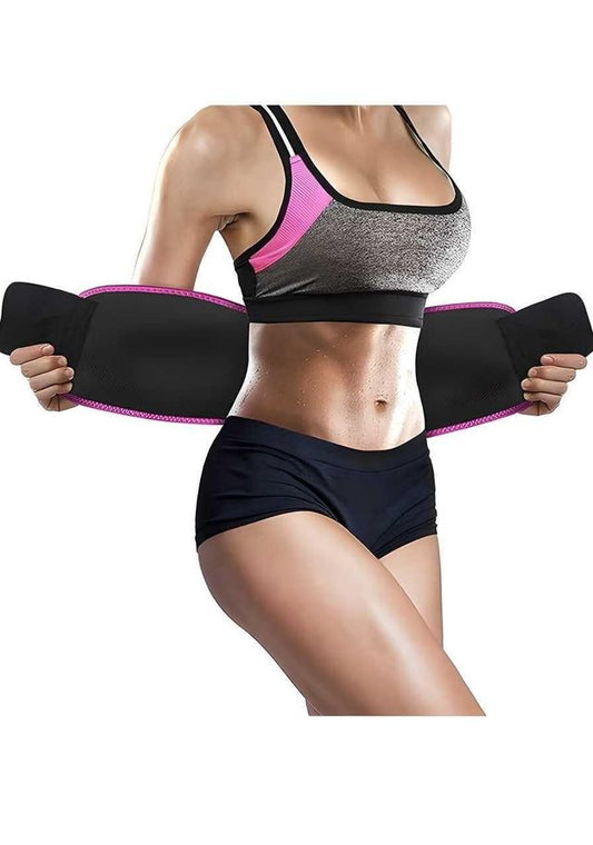 Adjustable waist trimmer belt from 18281, slim and sweat-enhancing fitness belt shown on a person for waist slimming.