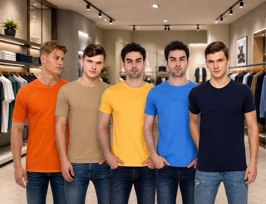 Set of five men's solid polycotton round neck T-shirts in multicolor, casual men's T-shirts by brand 14398.