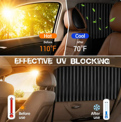 Foldable magnetic car window curtains from 4485, shown installed on car doors with magnetic edges and foldable panels.