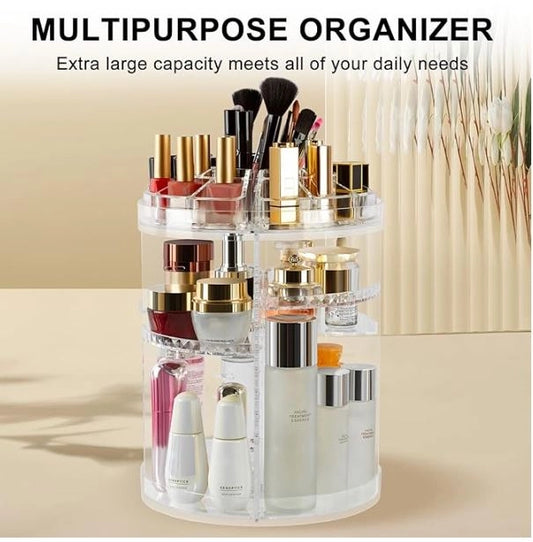 Rotating cosmetic storage box by 35880, makeup vanity organizer with multiple compartments, black plastic finish, shown from side angle.