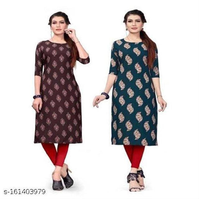 Crepe printed kurti for women, brown and green, size S, from 1457; showcasing stylish design and vibrant colors.
