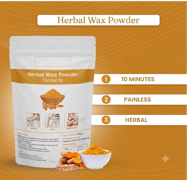 Turmeric Wax Powder body hair removal powder in a pack of three, natural hair removal product by 31092 with yellow powder texture.
