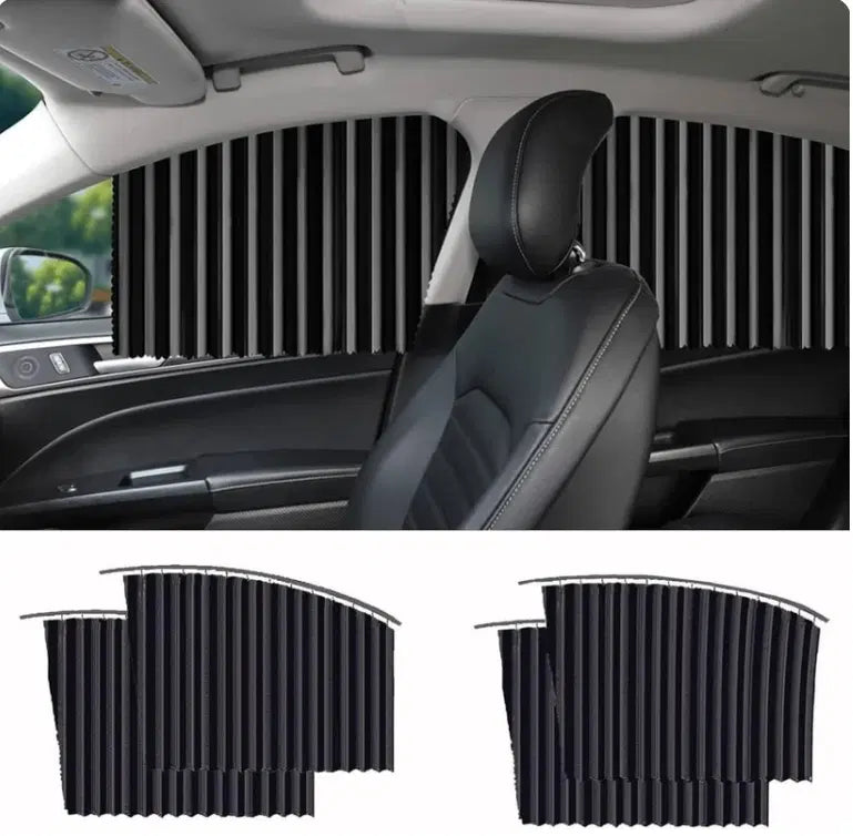 Foldable magnetic car window curtains from 4485, pack of 4, door and window fittings, shown attached to car windows.