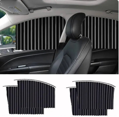 Foldable magnetic car window curtains from 4485, pack of 4, door and window fittings, shown attached to car windows.