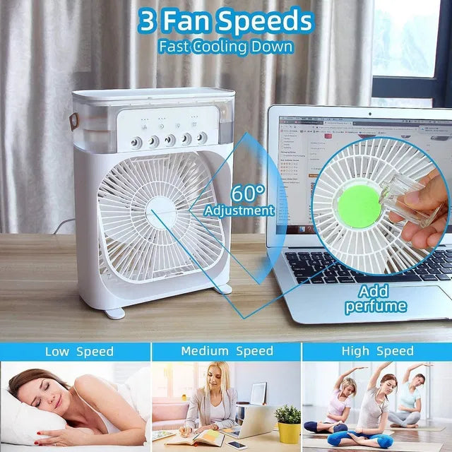 Portable mini air cooler fan by 24505, compact design with adjustable settings for personal cooling.