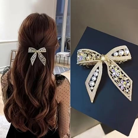 Gold plated pearl hair clip with bowknot design, CZ stones, French barrette, perfect for weddings, festivals, and special occasions.