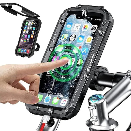 Waterproof mobile holder for cars from 22123, showcasing a secure mount with a transparent cover for smartphone protection.