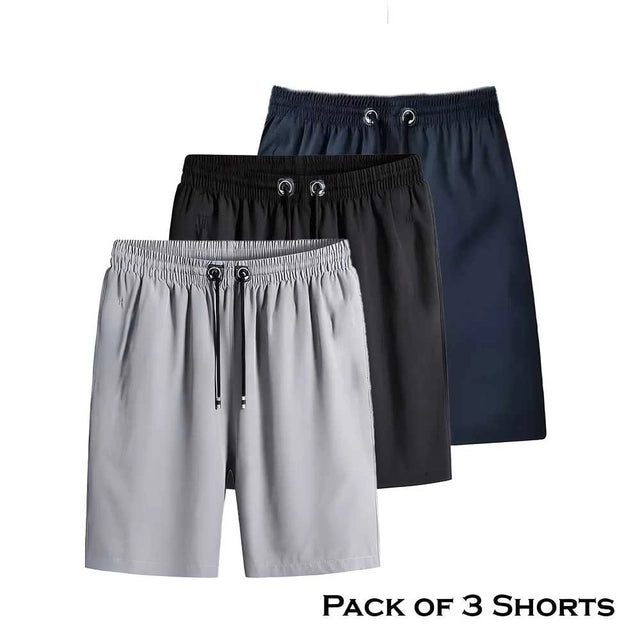 Three men's stretchable cotton shorts in various colors, casual fit, branded 34751, suitable for everyday wear.