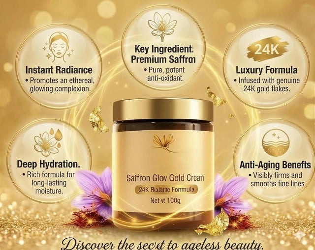Two jars of Saffron Glow Gold Cream by 35874, highlighting the luxurious gold-embellished packaging and creamy texture.