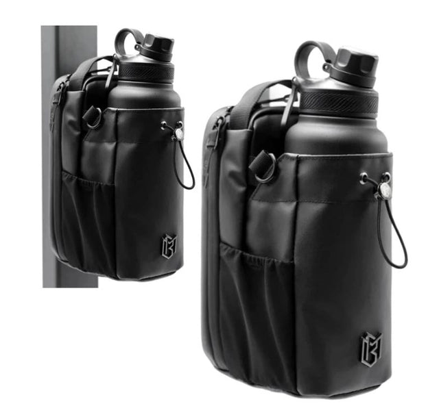 Magnetic gym bottle holder bag with storage compartment, black fitness accessory from 35880, showing the bag's compact design and magnetic closure.
