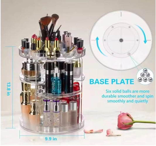 Rotating cosmetic storage box from 35880, a makeup vanity organizer with multiple compartments and a spinning design for easy access.
