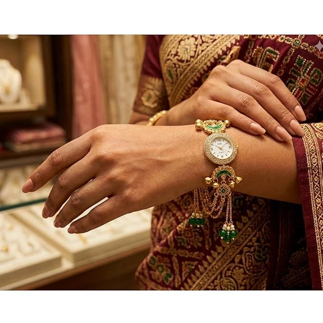 Women’s vintage gold-plated boho jewelry watch with tassel bracelet, stylish ethnic accessory, perfect for party and casual wear.