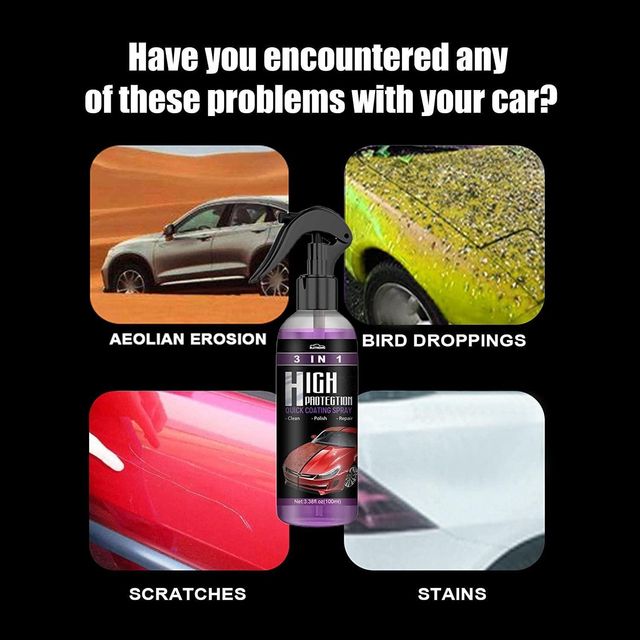 Hydrophobic nano coating spray for cars, motorcycles, and boats, shown in a pack of three bottles with labeling and spray nozzles.
