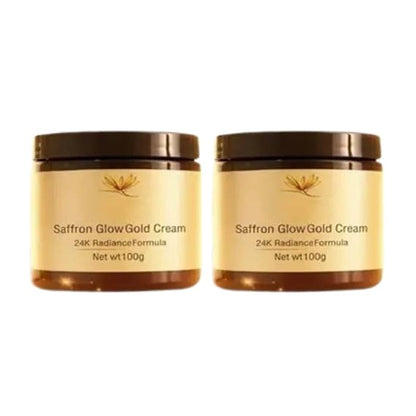 Two jars of 35874 Saffron Glow Gold Cream, rich skincare cream in gold-colored containers, displayed on a neutral background.