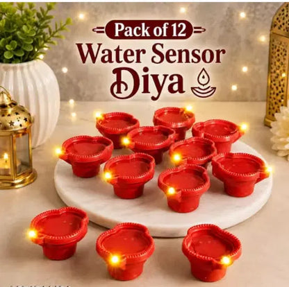 Set of 12 Magic Water Sensor Diyas by 4485, traditional lamps with water-sensing features for festive lighting decor.