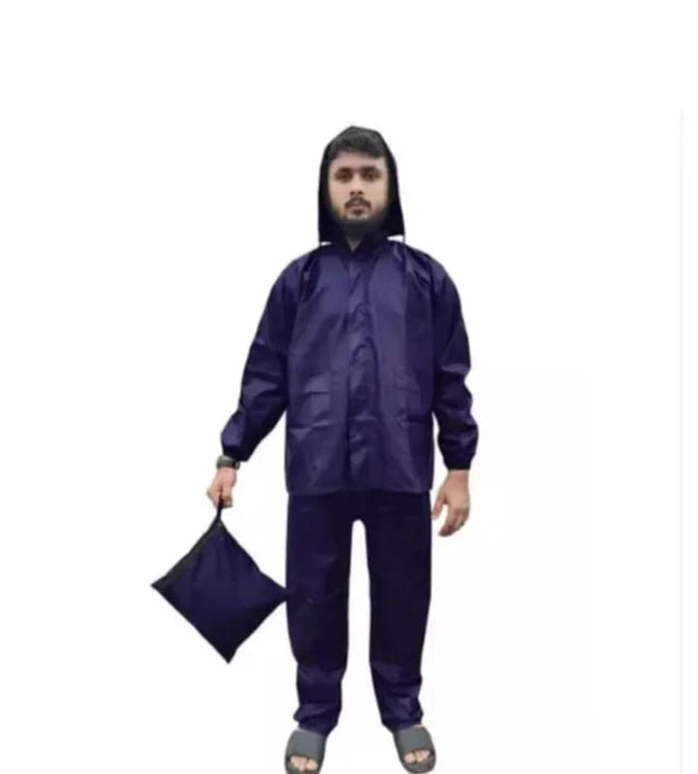 Polyester Full Sleeves Rainsuit Set for Men (Navy Blue, L)