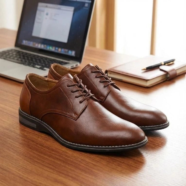 STYLISH VEGAN LEATHER SEMI CASUAL BROWN LACE UP SHOES
