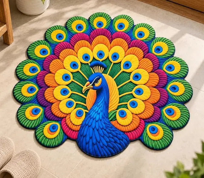 Colorful 3D peacock bathroom mat with non-slip backing, measuring 30x31 inches, in a pack of one, by 35561.