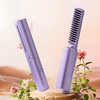 Meneflix portable mini cordless hair straightener with adjustable hot comb, rechargeable and compact for easy styling.