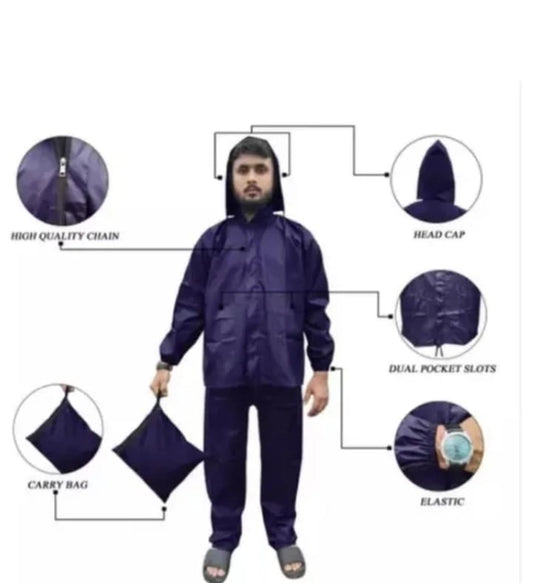 Polyester Full Sleeves Rainsuit Set for Men (Navy Blue, XL)