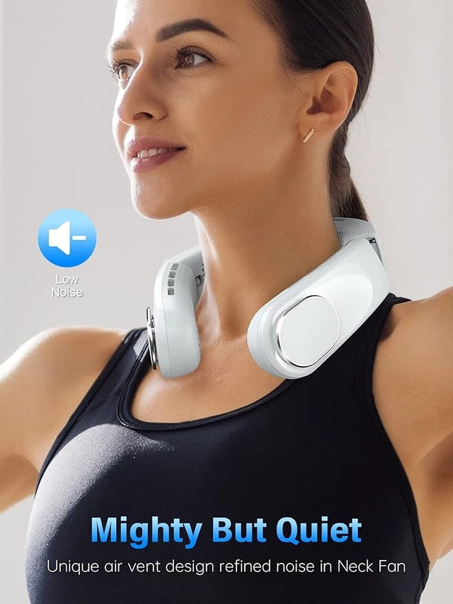 Portable neck fan air cooler by 26045, showing a compact wearable fan with adjustable vents worn around the neck.