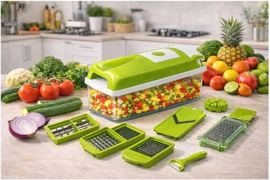 Manual vegetable and fruit chopper from 35561, 12-in-1 multi-purpose kitchen tool with stainless steel blades and colorful plastic container.
