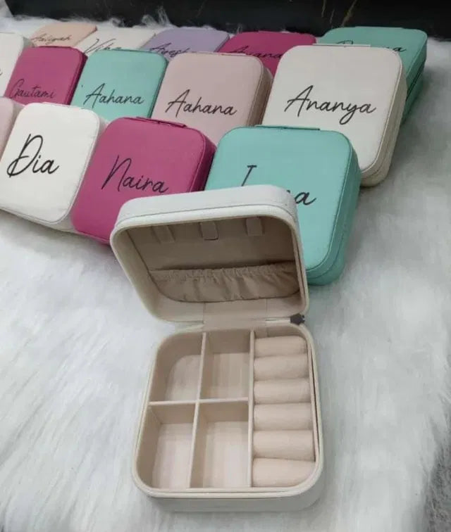 Rectangle peach leather jewelry box with makeup kit compartments, featuring a sleek design and secure lid for gifting or storage.