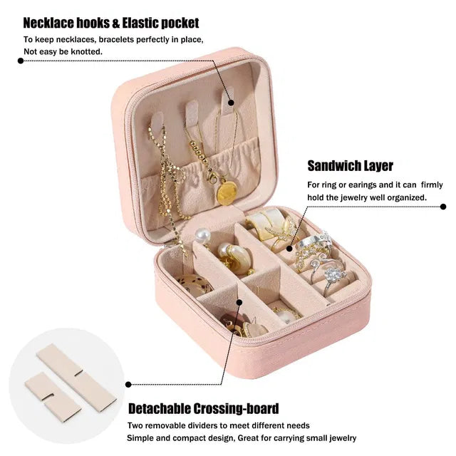 Rectangle peach leather jewelry box by 19357, used as a makeup kit with compartments for storing jewelry and accessories.