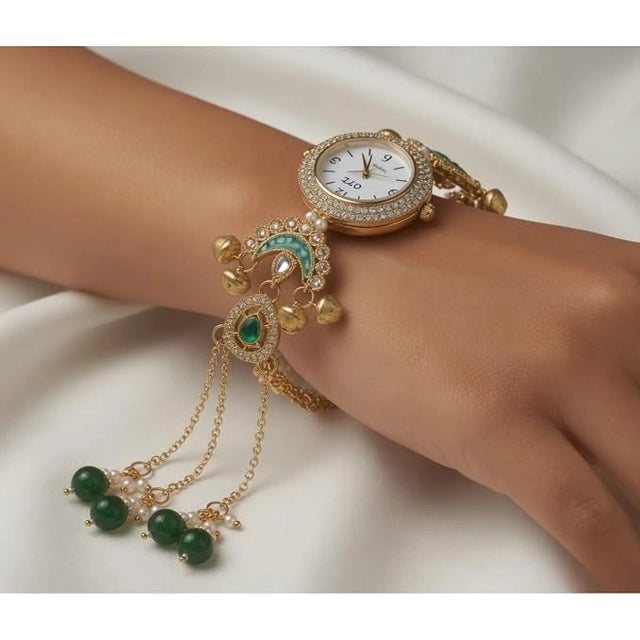 Women's vintage gold-plated boho jewelry watch with tassel bracelet, stylish ethnic party accessory, perfect for women.