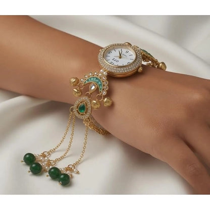 Women's vintage gold-plated boho jewelry watch with tassel bracelet, stylish ethnic party accessory, perfect for women.