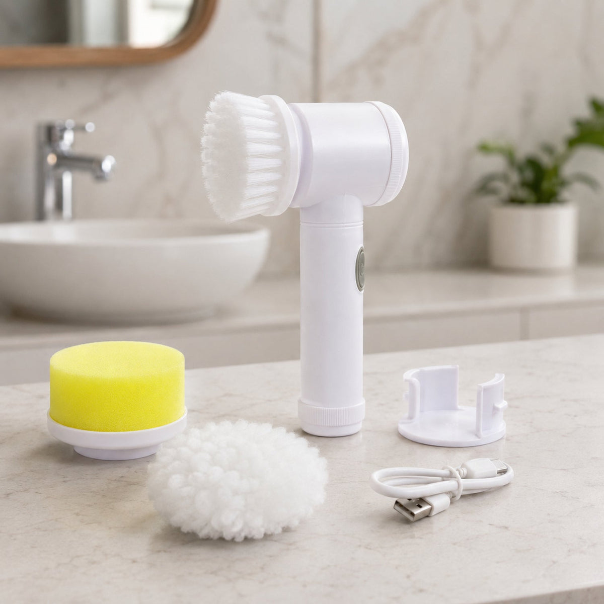 Wukusy 5-in-1 rechargeable electric cleaning brush with spinning scrubber heads for bathroom cleaning, set of one.