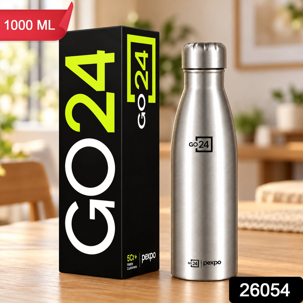 Wukusy stainless steel water bottle with screw cap, 1000ml, ideal for office and travel, shown in the image with sleek silver finish.