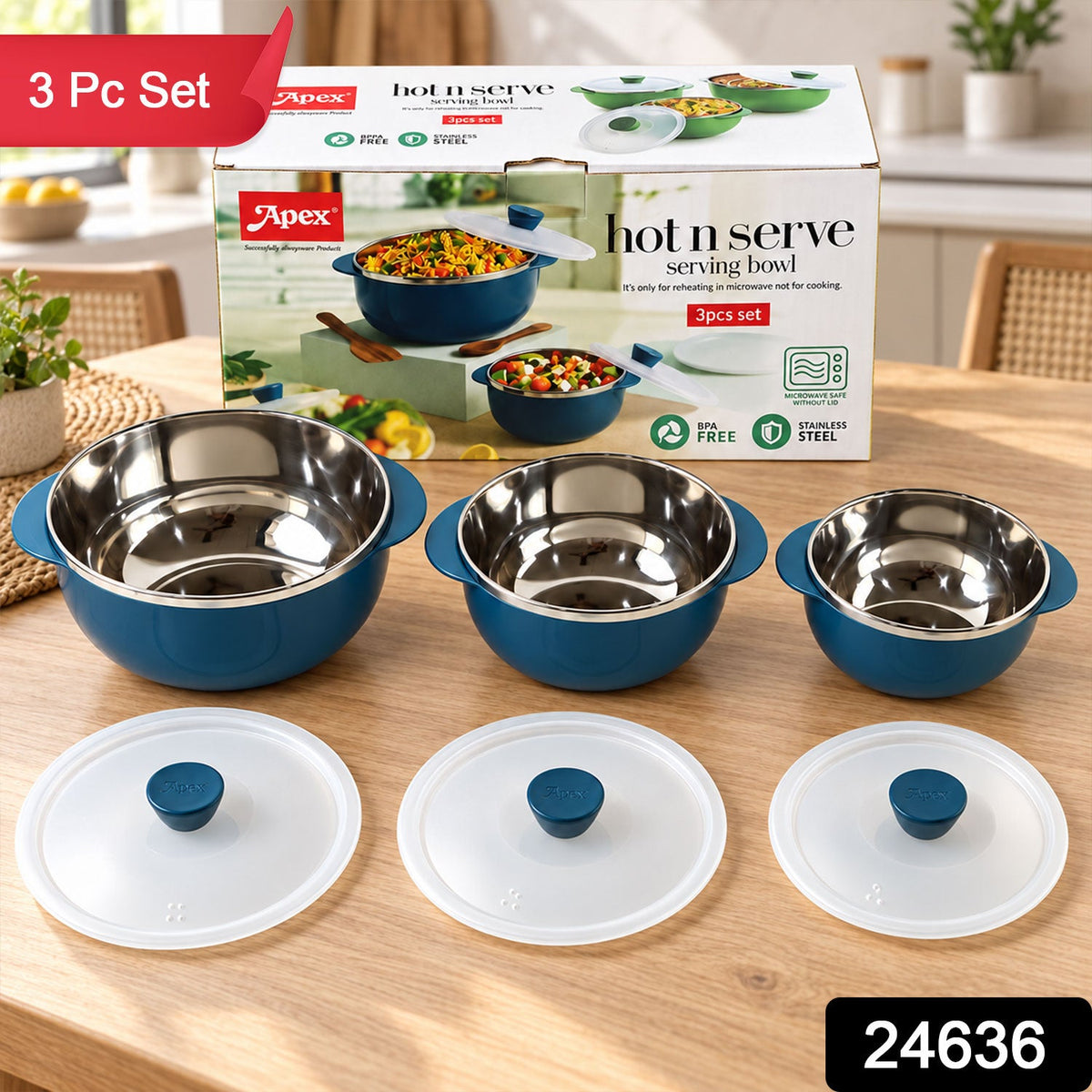 Wukusy Apex Hot and Serve serving bowl set with steel inner casseroles and lids, includes three durable, stackable bowls for serving.