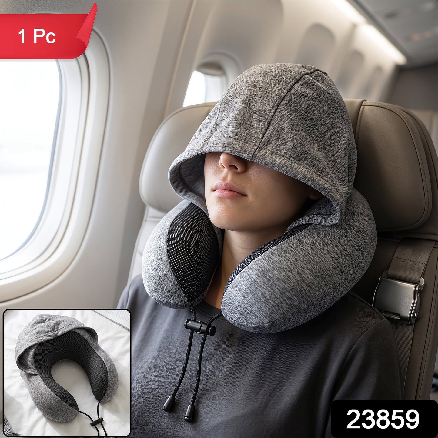 U Shaped Hooded Neck Pillow Grey Travel Pillow With Drawstring Hood (1 Pc)