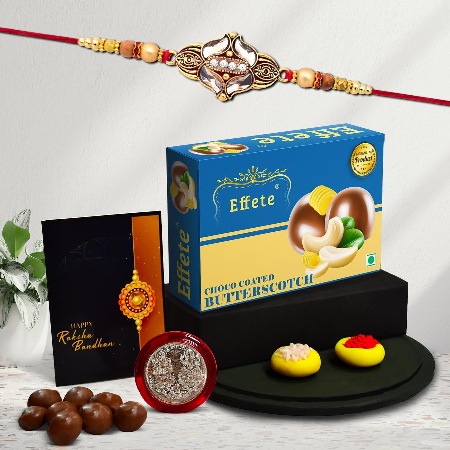 Wukusy Chocolate Butter Scotch Rakhi for brother, 32g, featuring chocolate design, ideal for Rakhi gift and celebration.