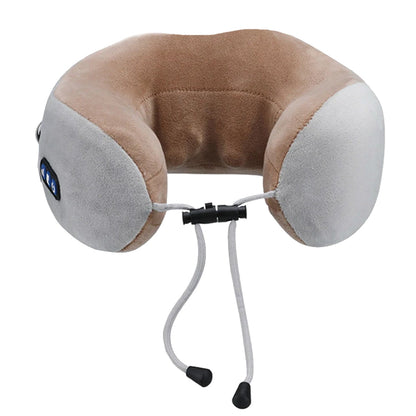 Wukusy U-shaped cordless electric neck massage pillow with plush fabric and compact design for travel neck relaxation.