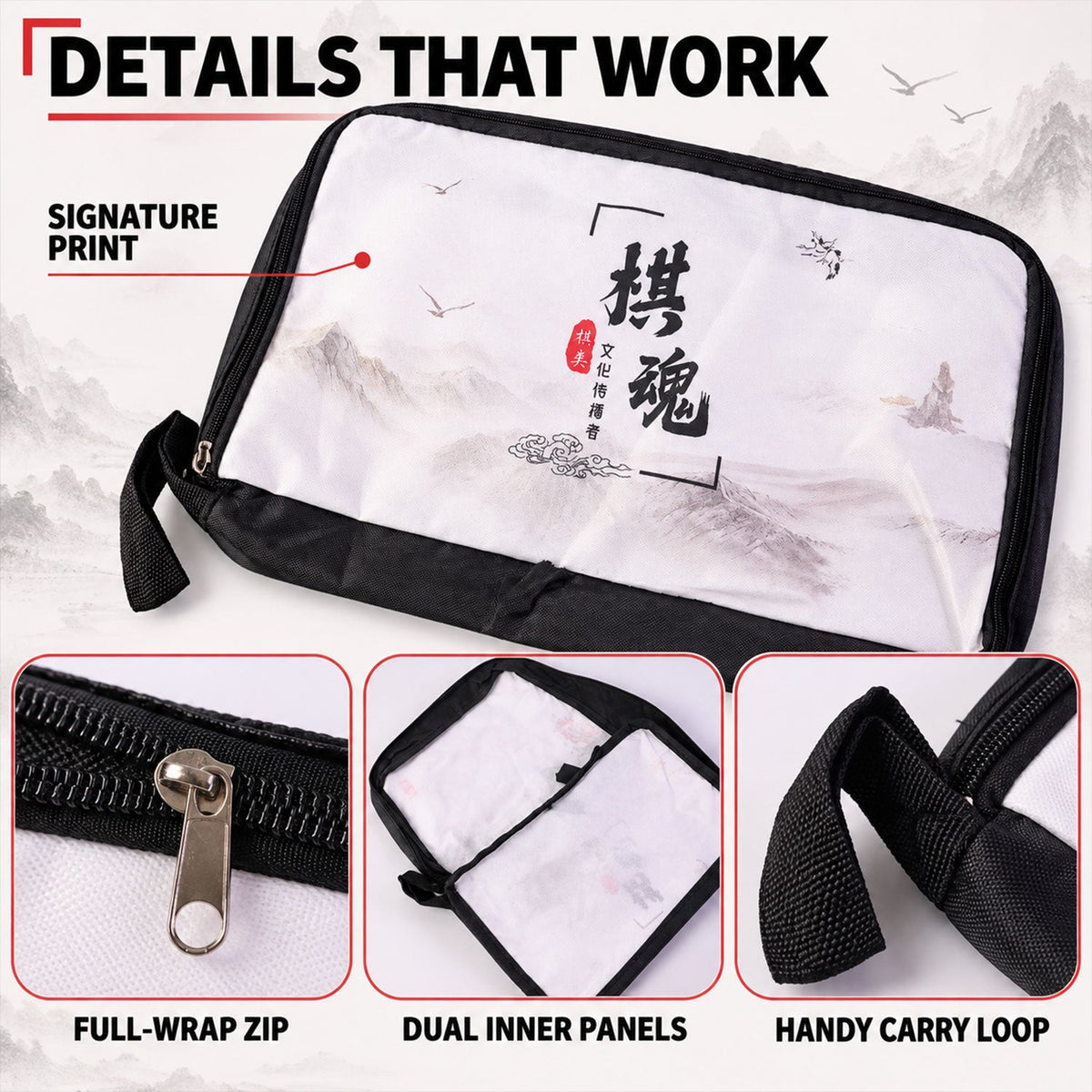Wukusy printed travel organizer pouch with zip closure and carry loop, 32x20 cm, shown with colorful design and compact storage features.