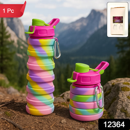 Colorful collapsible silicone water bottle by Wukusy, shown expanded with vibrant design and compact, foldable form.