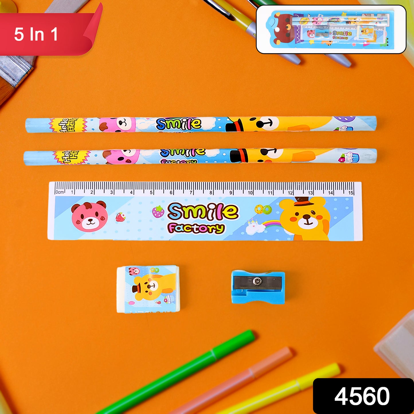 4560 Wooden Pencil Set Stationary Set 5 In 1 Items Educational Item For School Going Kids Stationary Set For Girls Boysstationary For Schoolgift Pack For Girls Kidsbirthday Gift Kids (5 Pc Set
