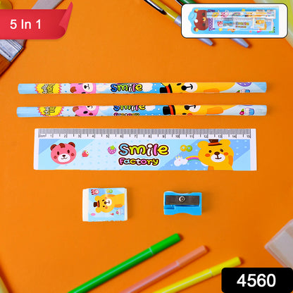 4560 Wooden Pencil Set Stationary Set 5 In 1 Items Educational Item For School Going Kids Stationary Set For Girls Boysstationary For Schoolgift Pack For Girls Kidsbirthday Gift Kids (5 Pc Set