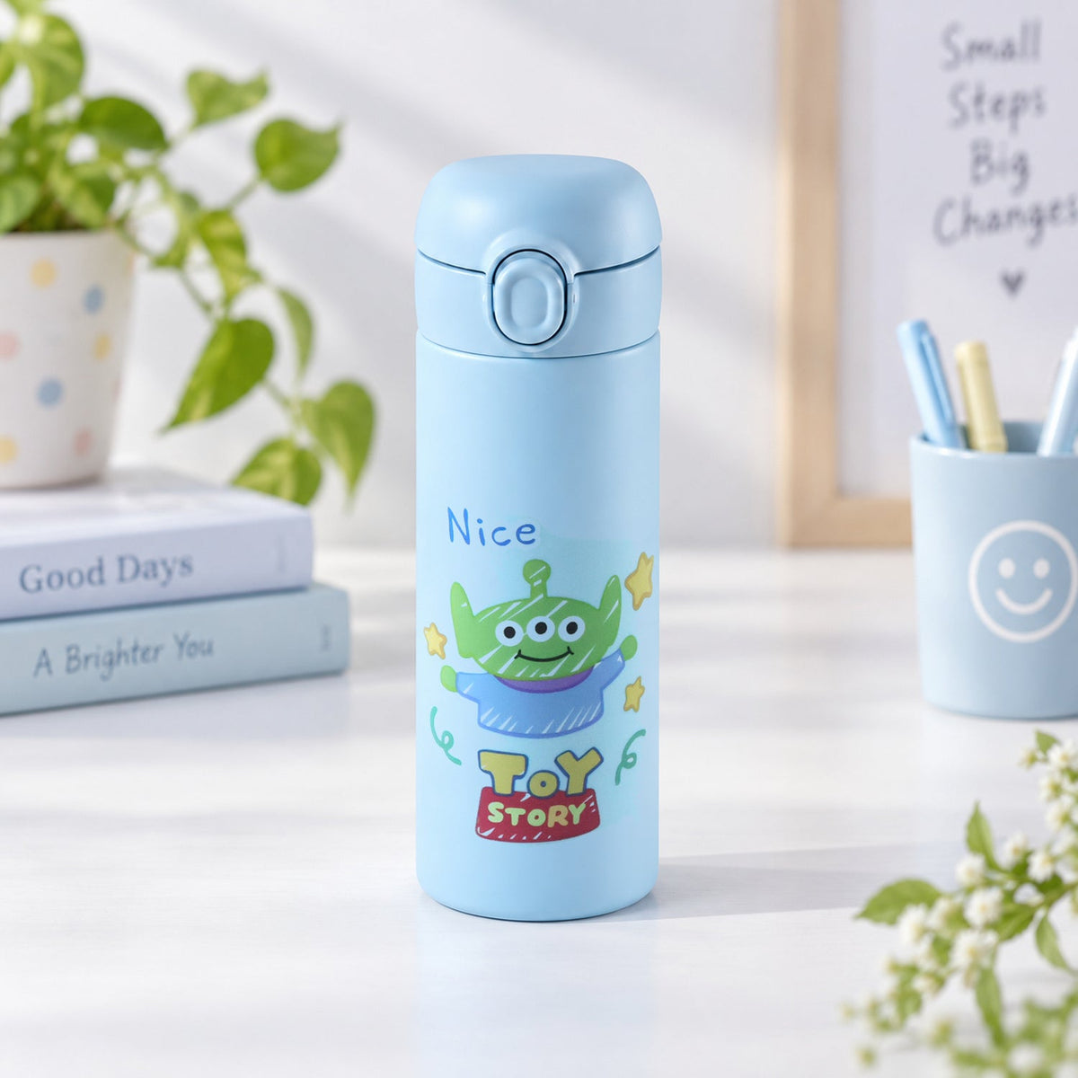Wukusy cartoon print glass water bottle with flip top lid, 400 ml approx.