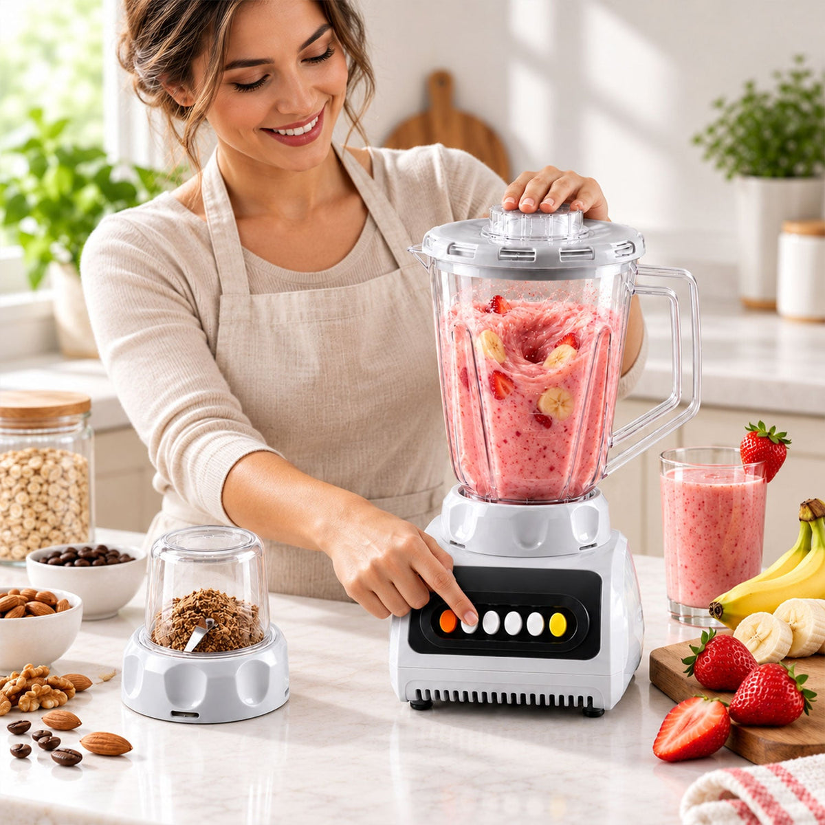 Wukusy 2-in-1 electric mixer grinder blender for smoothies and kitchen prep, showing the compact appliance with blending jars.