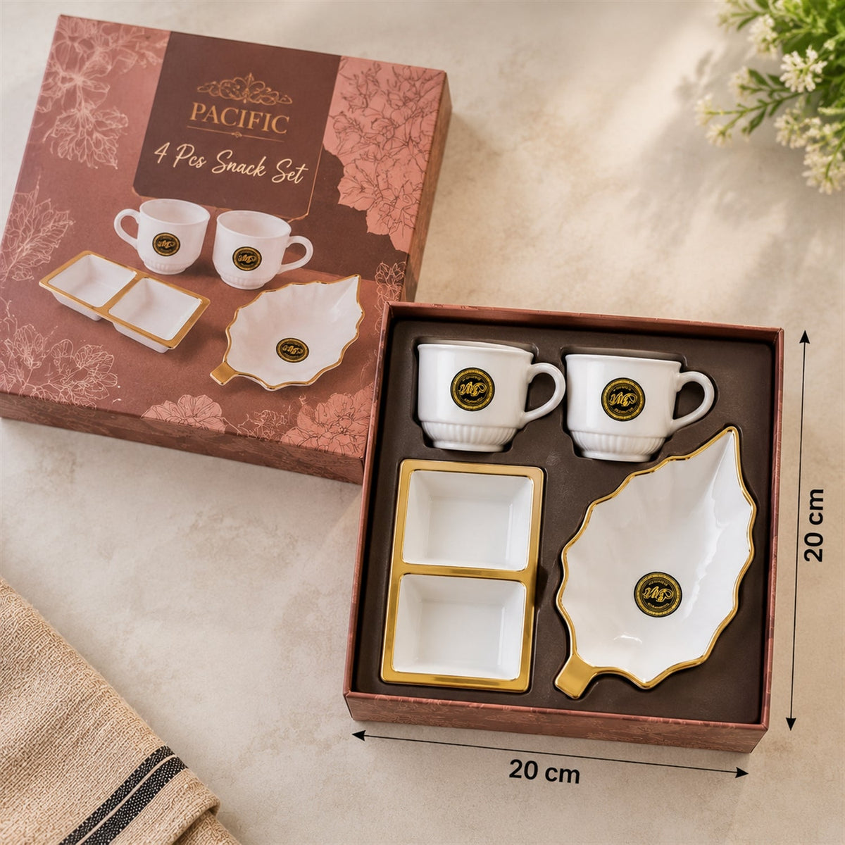 Wukusy tea and snacks serving set featuring cups, divided bowl, and leaf platter, perfect for entertaining and presentation.
